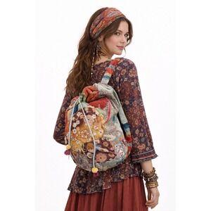 Johnny Was Embroidered Bird Velvet Drawstring Bag Multi Color Boho, Fairy, Gypsy